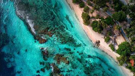 Aerial view of a tropical beach with turquoise water and white sand