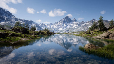 Panoramic view of a mountain lake in the Swiss Alps.