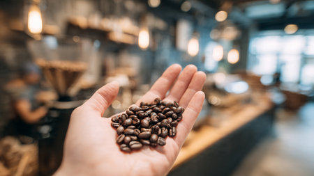 Coffee beans in hand. Coffee shop background. Coffee beans in handの写真素材