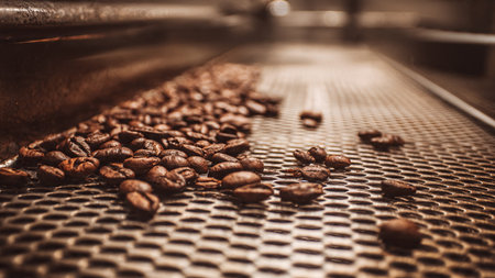 Roasted coffee beans on the conveyor belt of a coffee shopの写真素材
