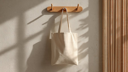 Eco bag hanging on wooden hanger against white wall with shadow