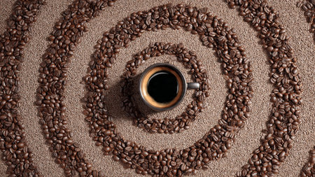 Coffee cup and coffee beans on brown background, top view