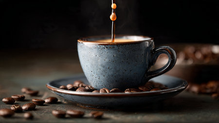 Coffee cup and coffee beans on a dark wooden background.