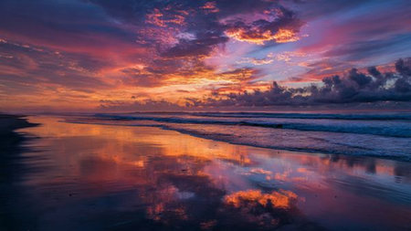 Sunset over the ocean with clouds reflected in the water, Bali, Indonesia