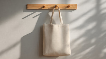 Eco bag hanging on white wall with shadow overlay. Zero waste conceptの写真素材
