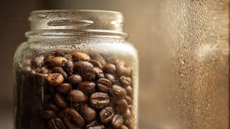 coffee beans in a glass jar on a wooden background, close-up