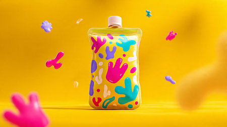 Plastic bottle with colorful splashes on yellow background