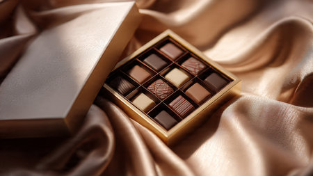 eyeshadow palette in golden box on silk fabric, closeup