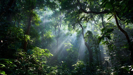 Sunlight in the morning in the tropical rainforest of Thailand.