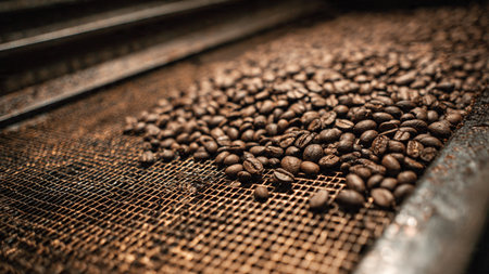 Coffee beans on a conveyor belt in a coffee factory