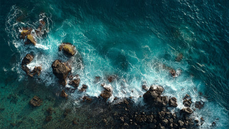 Aerial view of sea waves crashing on the rocky shore. Top view