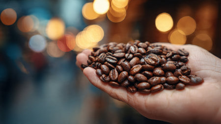 Coffee beans in hand on blurred bokeh background.の写真素材