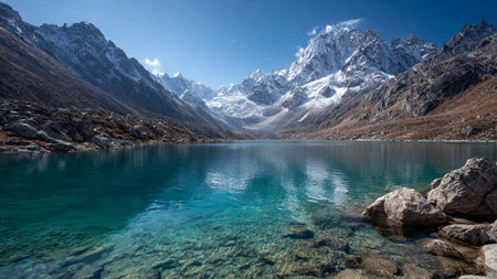 Beautiful view of Himalaya mountains and lake with reflection in the waterの写真素材
