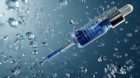 syringe with drops of liquid on a dark blue backgroundの写真素材