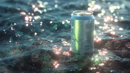Green soda can floating in the water with blurred bokeh background, 3d illustrationの写真素材