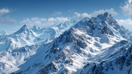 Panoramic view of snowy mountains.