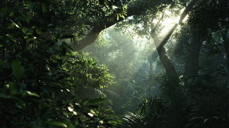 Sunlight in the rainforest in the morning. Nature background.の写真素材
