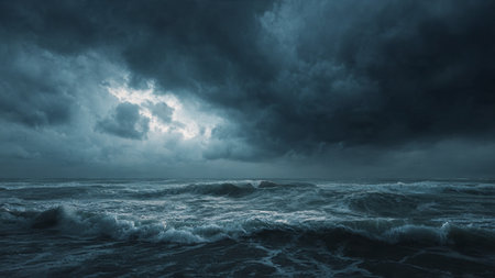 Stormy sea with stormy waves and dark sky, panorama