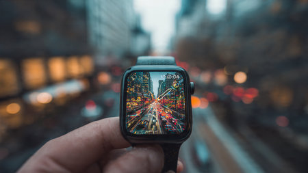 Man's hand holding smart watch with night cityscape on the screenの写真素材