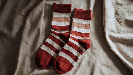 A pair of red and white socks on the bed, top viewの写真素材