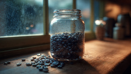 Coffee beans in a glass jar on the windowsill.の写真素材