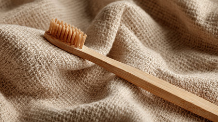 Bamboo toothbrush on beige cloth background, closeup viewの写真素材
