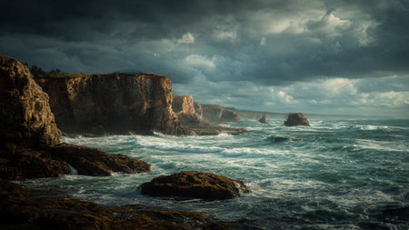 Stormy seascape. Dramatic overcast sky. Crimea, Ukraine, Europe. Beauty world.