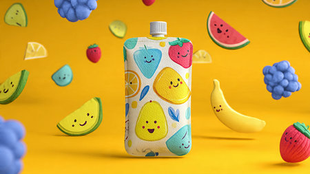 Fruit juice bottle with watermelon, kawaii fruits and berries on yellow background