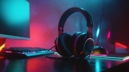 Headphones and computer on table in dark room. Music concept.の写真素材