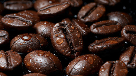 coffee beans with water drops on a dark background close-up