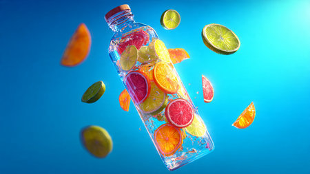 Bottle of water with slices of citrus fruits on blue background.