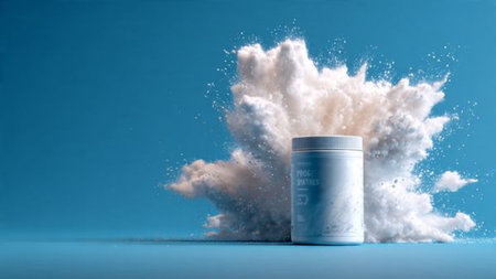 White container with a cloud of dust on a blue background.