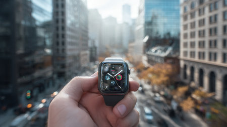 Man using a smart watch in New York City, Manhattan, USA.