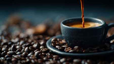 Coffee cup and coffee beans on dark background. Close up.