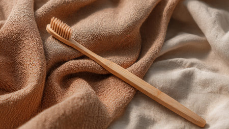Bamboo toothbrush on beige fabric, closeup. Zero waste conceptの写真素材