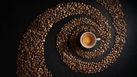 Coffee beans and a cup of coffee on a dark background
