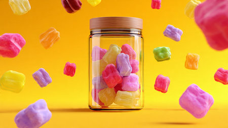 Colorful candies falling out of jar on yellow background, closeup