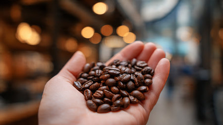 Woman holding roasted coffee beans on blurred background, closeup. Space for textの写真素材