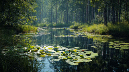 Landscape of a small forest lake with a lotus leafsの写真素材