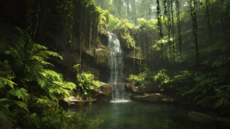 Tropical waterfall in rainforest, Bali island, Indonesiaの写真素材