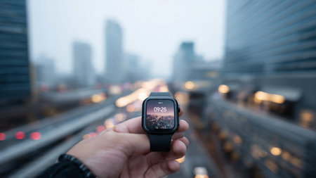Smart watch in the hand of a man against the background of the city