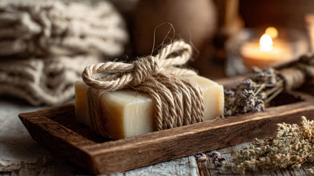 Handmade soap with dried lavender on a wooden background. Selective focus.の写真素材