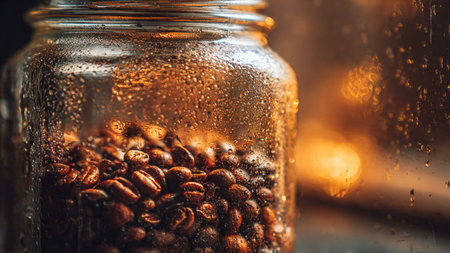 Coffee beans in a glass jar with water drops on the windowの写真素材