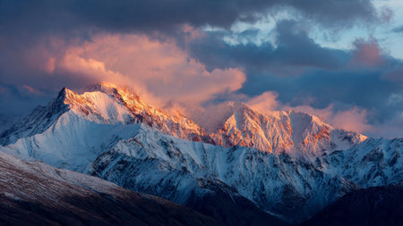Panoramic view of snow capped mountains at sunset.の写真素材