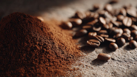 Coffee beans and ground powder on wooden table, closeupの写真素材
