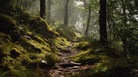 Path in the forest on a misty summer morning. Nature composition.