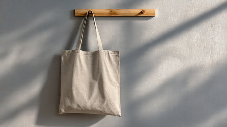 Eco bag hanging on the wall with sunlight and shadow on the wall