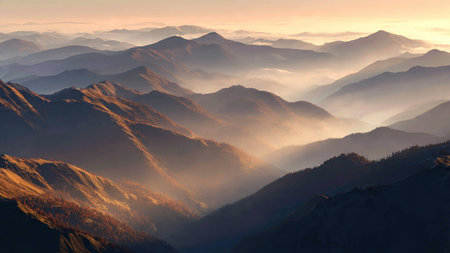 Mountain landscape with fog at sunrise. Caucasus Mountains, Georgia.