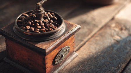 Coffee grinder with coffee beans on rustic wooden background