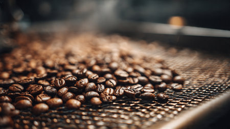 Roasted coffee beans in a roasting machine. Close up.の写真素材
